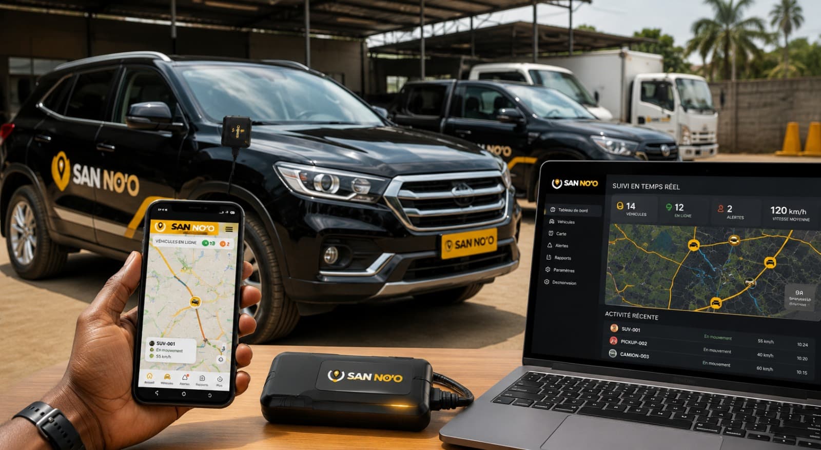 Traceur GPS installé sur un SUV SAN NO'O avec suivi en temps réel sur mobile et ordinateur